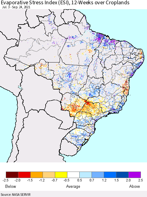 Brazil Evaporative Stress Index (ESI), 12-Weeks over Croplands Thematic Map For 9/20/2021 - 9/26/2021