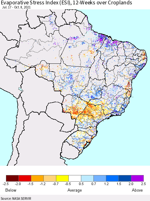 Brazil Evaporative Stress Index (ESI), 12-Weeks over Croplands Thematic Map For 10/4/2021 - 10/10/2021