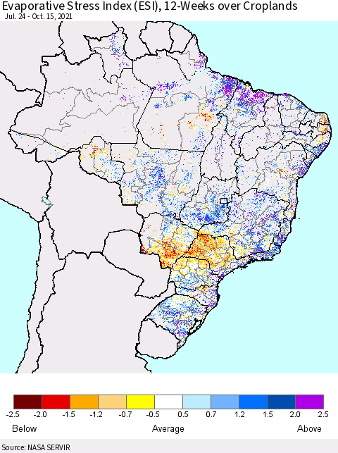 Brazil Evaporative Stress Index (ESI), 12-Weeks over Croplands Thematic Map For 10/11/2021 - 10/17/2021