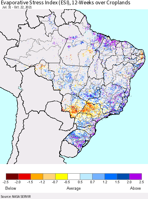 Brazil Evaporative Stress Index (ESI), 12-Weeks over Croplands Thematic Map For 10/18/2021 - 10/24/2021