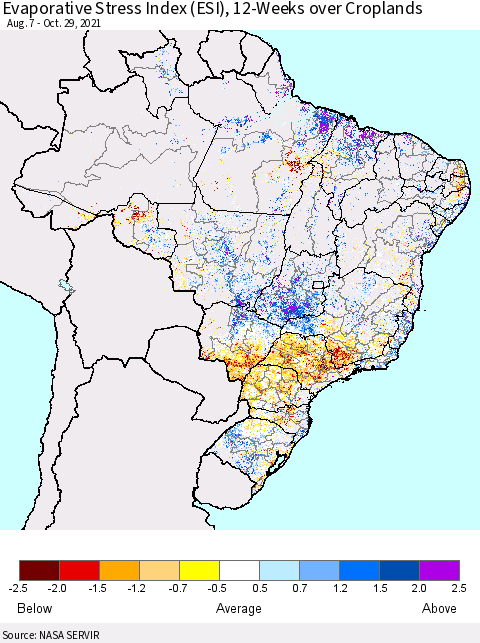 Brazil Evaporative Stress Index (ESI), 12-Weeks over Croplands Thematic Map For 10/25/2021 - 10/31/2021