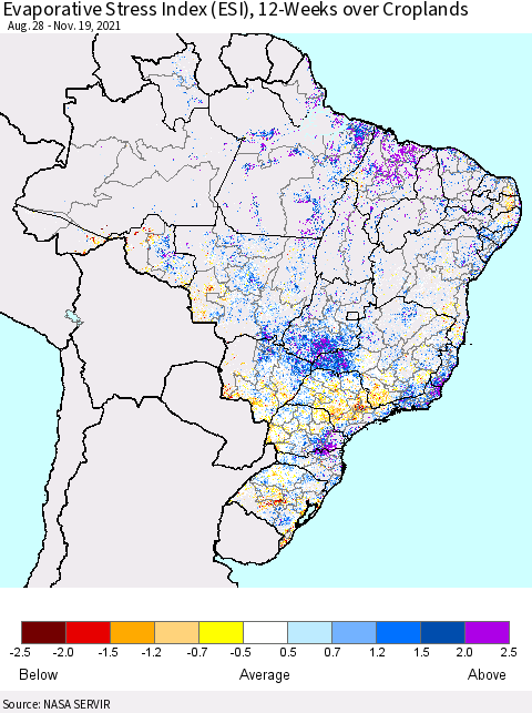 Brazil Evaporative Stress Index (ESI), 12-Weeks over Croplands Thematic Map For 11/15/2021 - 11/21/2021