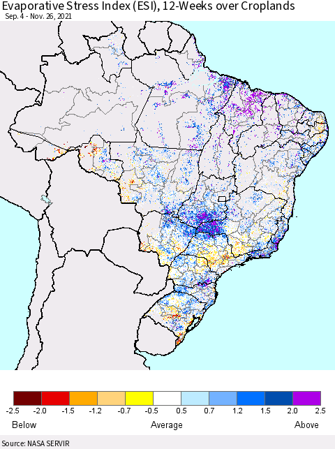 Brazil Evaporative Stress Index (ESI), 12-Weeks over Croplands Thematic Map For 11/22/2021 - 11/28/2021