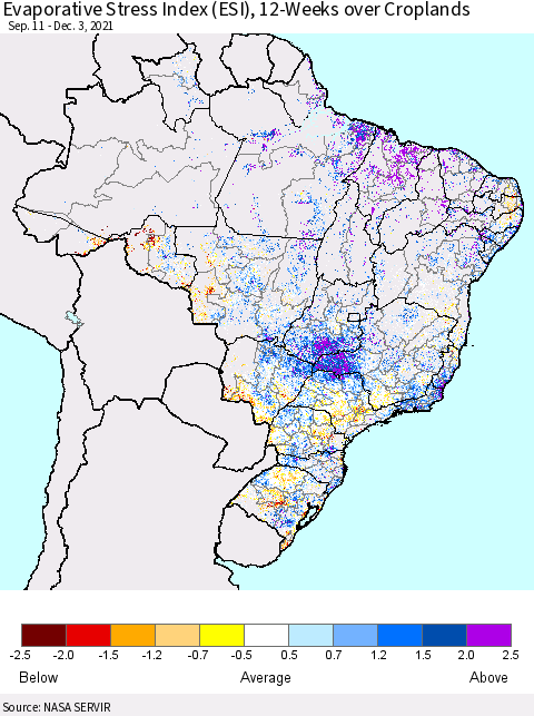 Brazil Evaporative Stress Index (ESI), 12-Weeks over Croplands Thematic Map For 11/29/2021 - 12/5/2021