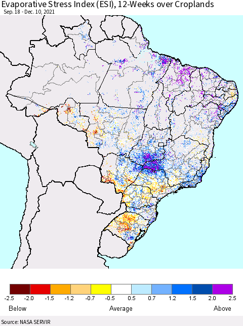 Brazil Evaporative Stress Index (ESI), 12-Weeks over Croplands Thematic Map For 12/6/2021 - 12/12/2021