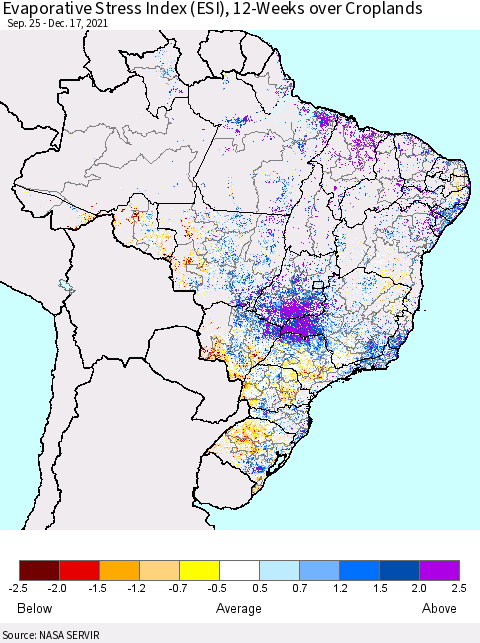 Brazil Evaporative Stress Index (ESI), 12-Weeks over Croplands Thematic Map For 12/13/2021 - 12/19/2021