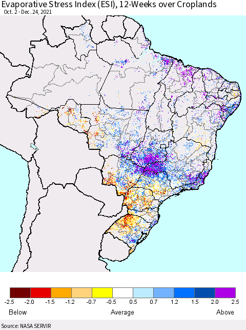 Brazil Evaporative Stress Index (ESI), 12-Weeks over Croplands Thematic Map For 12/20/2021 - 12/26/2021