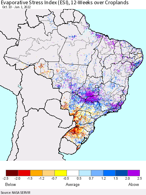 Brazil Evaporative Stress Index (ESI), 12-Weeks over Croplands Thematic Map For 12/27/2021 - 1/2/2022