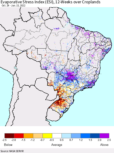 Brazil Evaporative Stress Index (ESI), 12-Weeks over Croplands Thematic Map For 1/10/2022 - 1/16/2022
