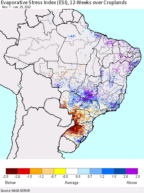 Brazil Evaporative Stress Index (ESI), 12-Weeks over Croplands Thematic Map For 1/24/2022 - 1/30/2022
