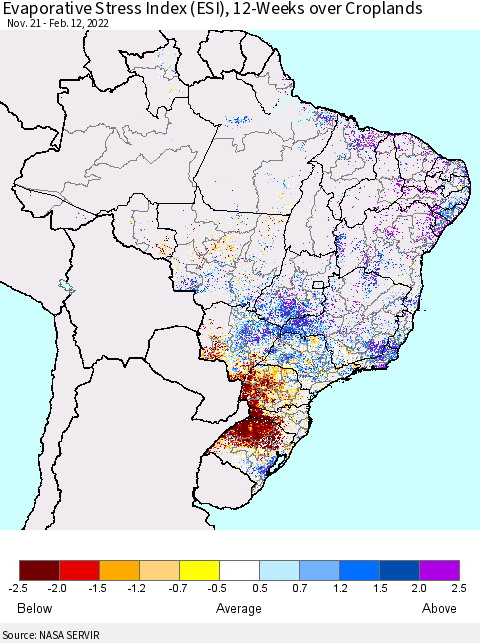 Brazil Evaporative Stress Index (ESI), 12-Weeks over Croplands Thematic Map For 2/7/2022 - 2/13/2022