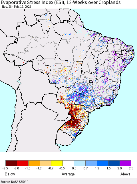 Brazil Evaporative Stress Index (ESI), 12-Weeks over Croplands Thematic Map For 2/14/2022 - 2/20/2022