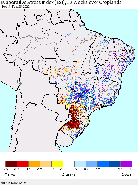 Brazil Evaporative Stress Index (ESI), 12-Weeks over Croplands Thematic Map For 2/21/2022 - 2/27/2022