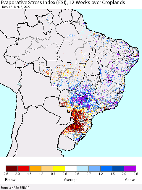 Brazil Evaporative Stress Index (ESI), 12-Weeks over Croplands Thematic Map For 2/28/2022 - 3/6/2022