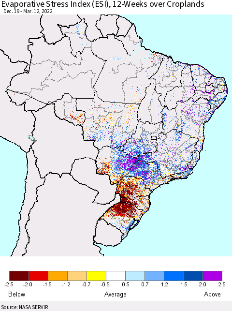 Brazil Evaporative Stress Index (ESI), 12-Weeks over Croplands Thematic Map For 3/7/2022 - 3/13/2022