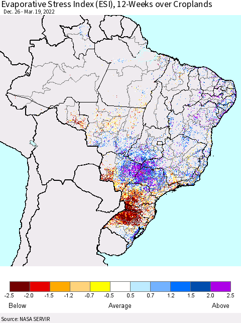 Brazil Evaporative Stress Index (ESI), 12-Weeks over Croplands Thematic Map For 3/14/2022 - 3/20/2022