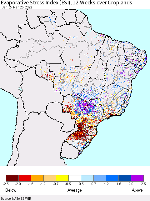 Brazil Evaporative Stress Index (ESI), 12-Weeks over Croplands Thematic Map For 3/21/2022 - 3/27/2022