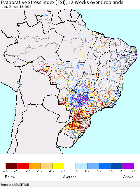 Brazil Evaporative Stress Index (ESI), 12-Weeks over Croplands Thematic Map For 4/11/2022 - 4/17/2022
