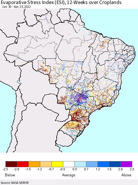 Brazil Evaporative Stress Index (ESI), 12-Weeks over Croplands Thematic Map For 4/18/2022 - 4/24/2022