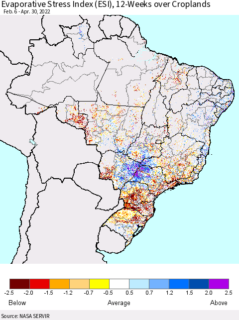 Brazil Evaporative Stress Index (ESI), 12-Weeks over Croplands Thematic Map For 4/25/2022 - 5/1/2022