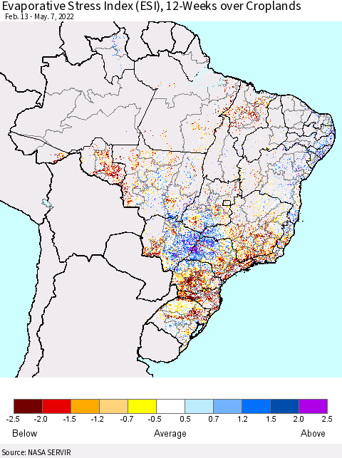 Brazil Evaporative Stress Index (ESI), 12-Weeks over Croplands Thematic Map For 5/2/2022 - 5/8/2022
