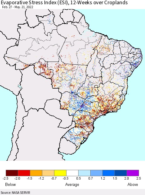 Brazil Evaporative Stress Index (ESI), 12-Weeks over Croplands Thematic Map For 5/16/2022 - 5/22/2022