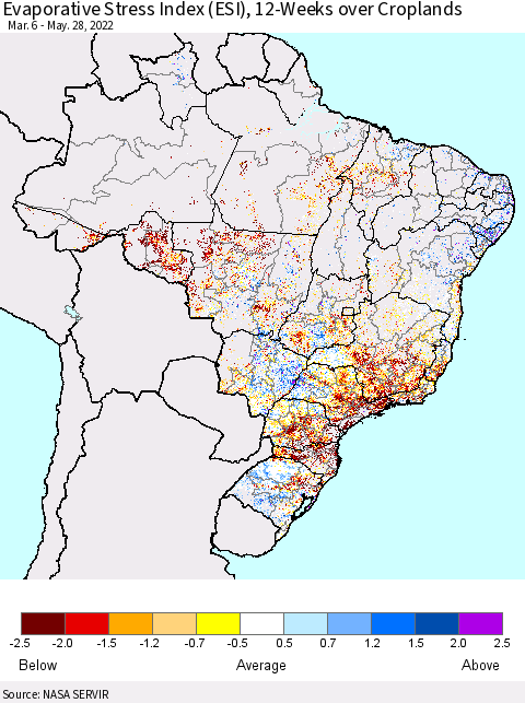 Brazil Evaporative Stress Index (ESI), 12-Weeks over Croplands Thematic Map For 5/23/2022 - 5/29/2022
