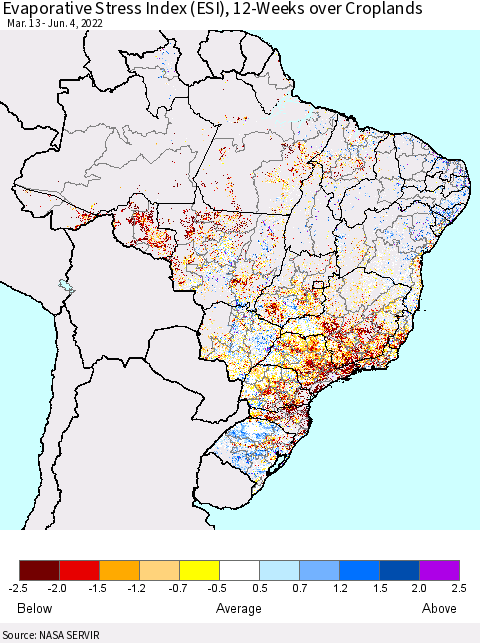 Brazil Evaporative Stress Index (ESI), 12-Weeks over Croplands Thematic Map For 5/30/2022 - 6/5/2022