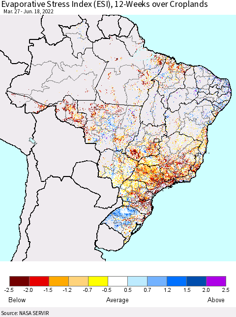 Brazil Evaporative Stress Index (ESI), 12-Weeks over Croplands Thematic Map For 6/13/2022 - 6/19/2022