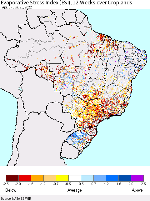 Brazil Evaporative Stress Index (ESI), 12-Weeks over Croplands Thematic Map For 6/20/2022 - 6/26/2022