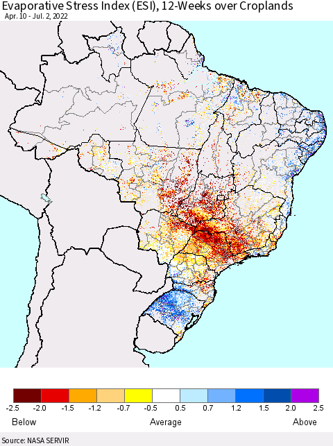 Brazil Evaporative Stress Index (ESI), 12-Weeks over Croplands Thematic Map For 6/27/2022 - 7/3/2022