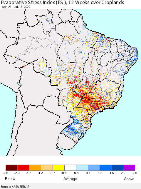 Brazil Evaporative Stress Index (ESI), 12-Weeks over Croplands Thematic Map For 7/11/2022 - 7/17/2022