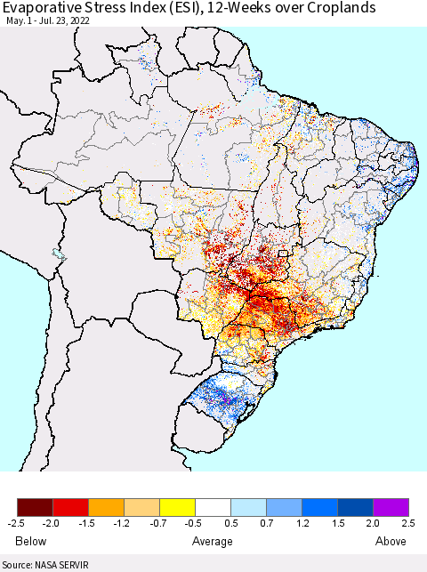 Brazil Evaporative Stress Index (ESI), 12-Weeks over Croplands Thematic Map For 7/18/2022 - 7/24/2022