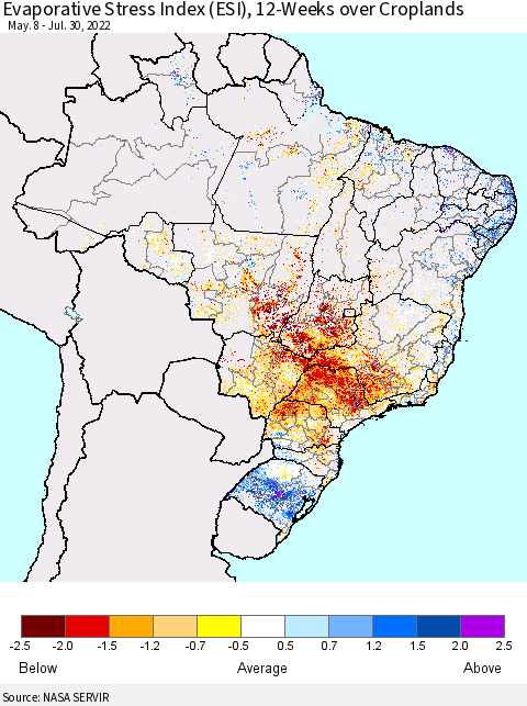 Brazil Evaporative Stress Index (ESI), 12-Weeks over Croplands Thematic Map For 7/25/2022 - 7/31/2022