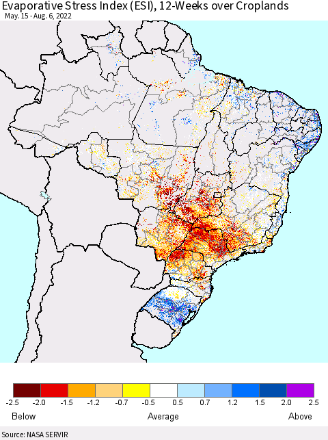 Brazil Evaporative Stress Index (ESI), 12-Weeks over Croplands Thematic Map For 8/1/2022 - 8/7/2022