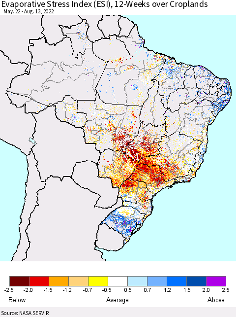 Brazil Evaporative Stress Index (ESI), 12-Weeks over Croplands Thematic Map For 8/8/2022 - 8/14/2022