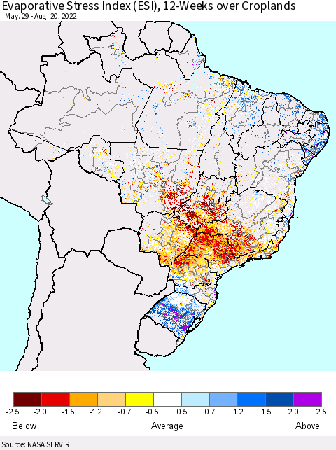 Brazil Evaporative Stress Index (ESI), 12-Weeks over Croplands Thematic Map For 8/15/2022 - 8/21/2022