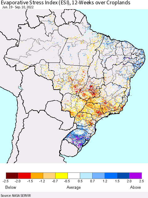 Brazil Evaporative Stress Index (ESI), 12-Weeks over Croplands Thematic Map For 9/5/2022 - 9/11/2022