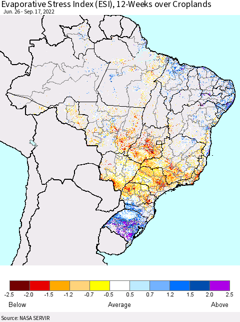 Brazil Evaporative Stress Index (ESI), 12-Weeks over Croplands Thematic Map For 9/12/2022 - 9/18/2022