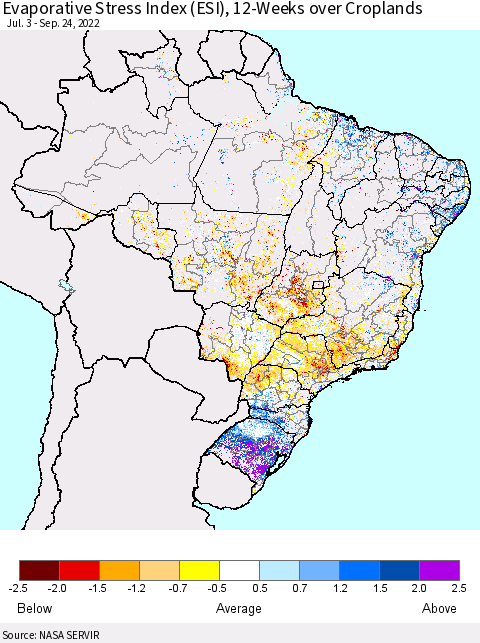 Brazil Evaporative Stress Index (ESI), 12-Weeks over Croplands Thematic Map For 9/19/2022 - 9/25/2022