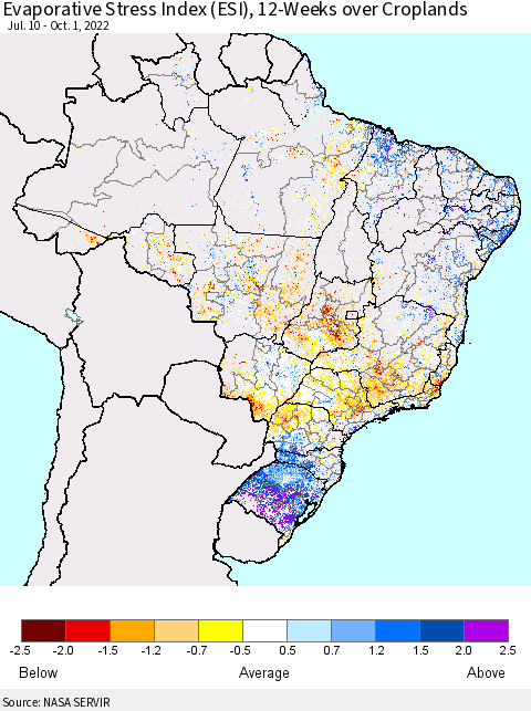 Brazil Evaporative Stress Index (ESI), 12-Weeks over Croplands Thematic Map For 9/26/2022 - 10/2/2022