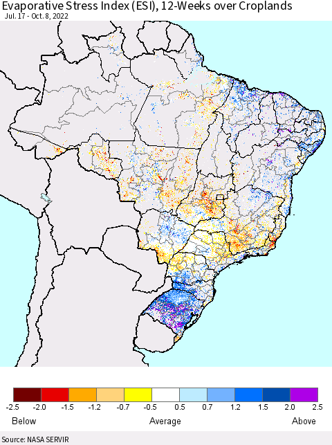 Brazil Evaporative Stress Index (ESI), 12-Weeks over Croplands Thematic Map For 10/3/2022 - 10/9/2022