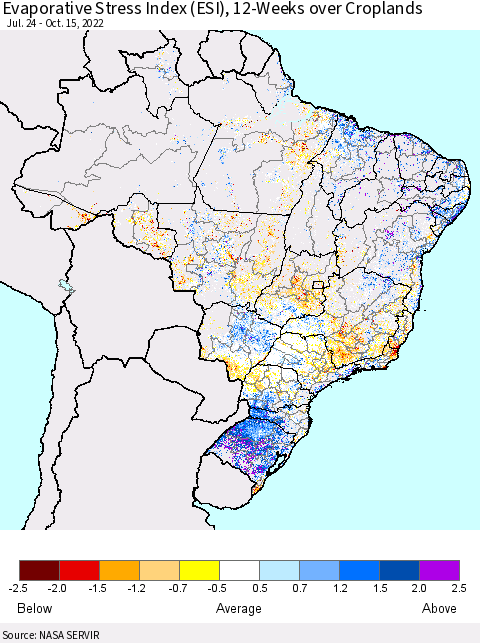 Brazil Evaporative Stress Index (ESI), 12-Weeks over Croplands Thematic Map For 10/10/2022 - 10/16/2022