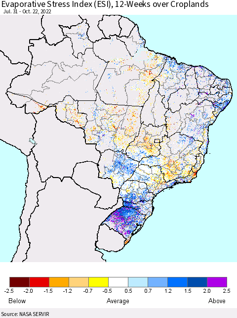 Brazil Evaporative Stress Index (ESI), 12-Weeks over Croplands Thematic Map For 10/17/2022 - 10/23/2022