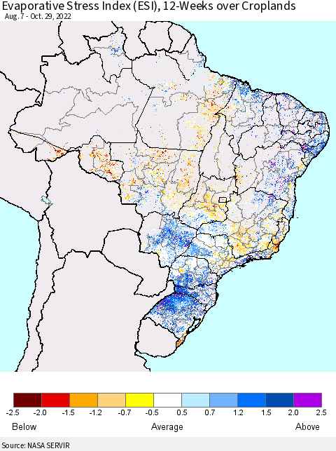 Brazil Evaporative Stress Index (ESI), 12-Weeks over Croplands Thematic Map For 10/24/2022 - 10/30/2022