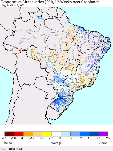 Brazil Evaporative Stress Index (ESI), 12-Weeks over Croplands Thematic Map For 10/31/2022 - 11/6/2022