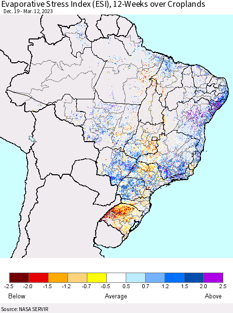 Brazil Evaporative Stress Index (ESI), 12-Weeks over Croplands Thematic Map For 3/6/2023 - 3/12/2023