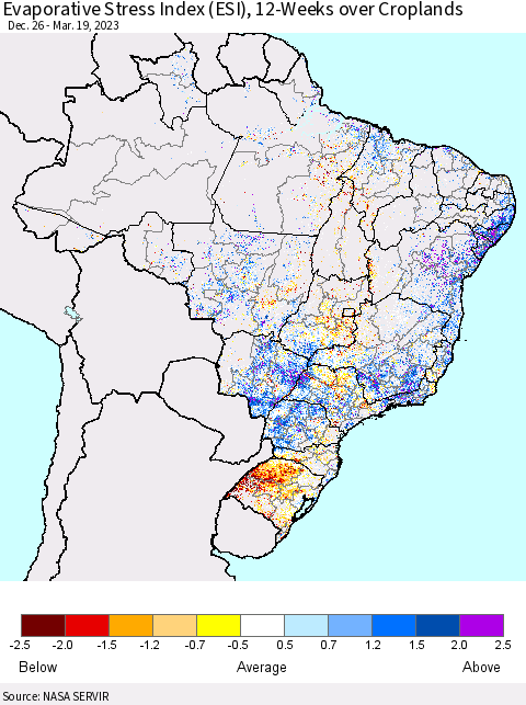 Brazil Evaporative Stress Index (ESI), 12-Weeks over Croplands Thematic Map For 3/13/2023 - 3/19/2023
