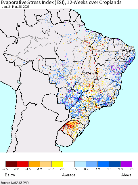 Brazil Evaporative Stress Index (ESI), 12-Weeks over Croplands Thematic Map For 3/20/2023 - 3/26/2023
