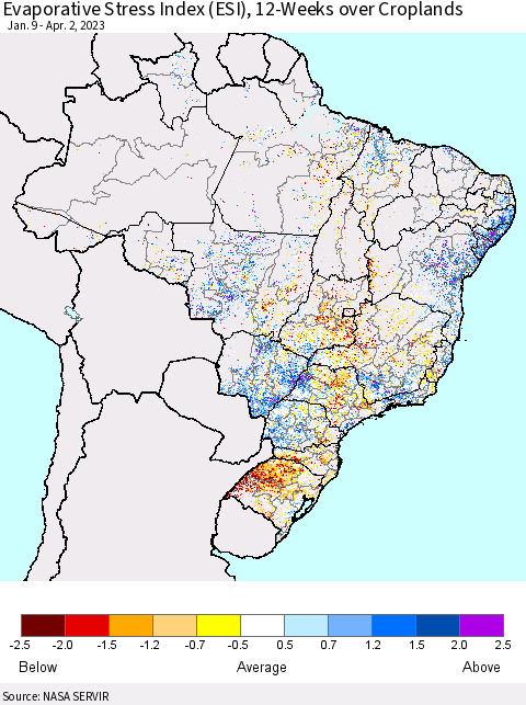 Brazil Evaporative Stress Index (ESI), 12-Weeks over Croplands Thematic Map For 3/27/2023 - 4/2/2023
